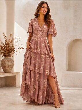 Toleen Floral High Low Maxi Dress Mauve Ruffle Tiered V Neck Romantic Medium